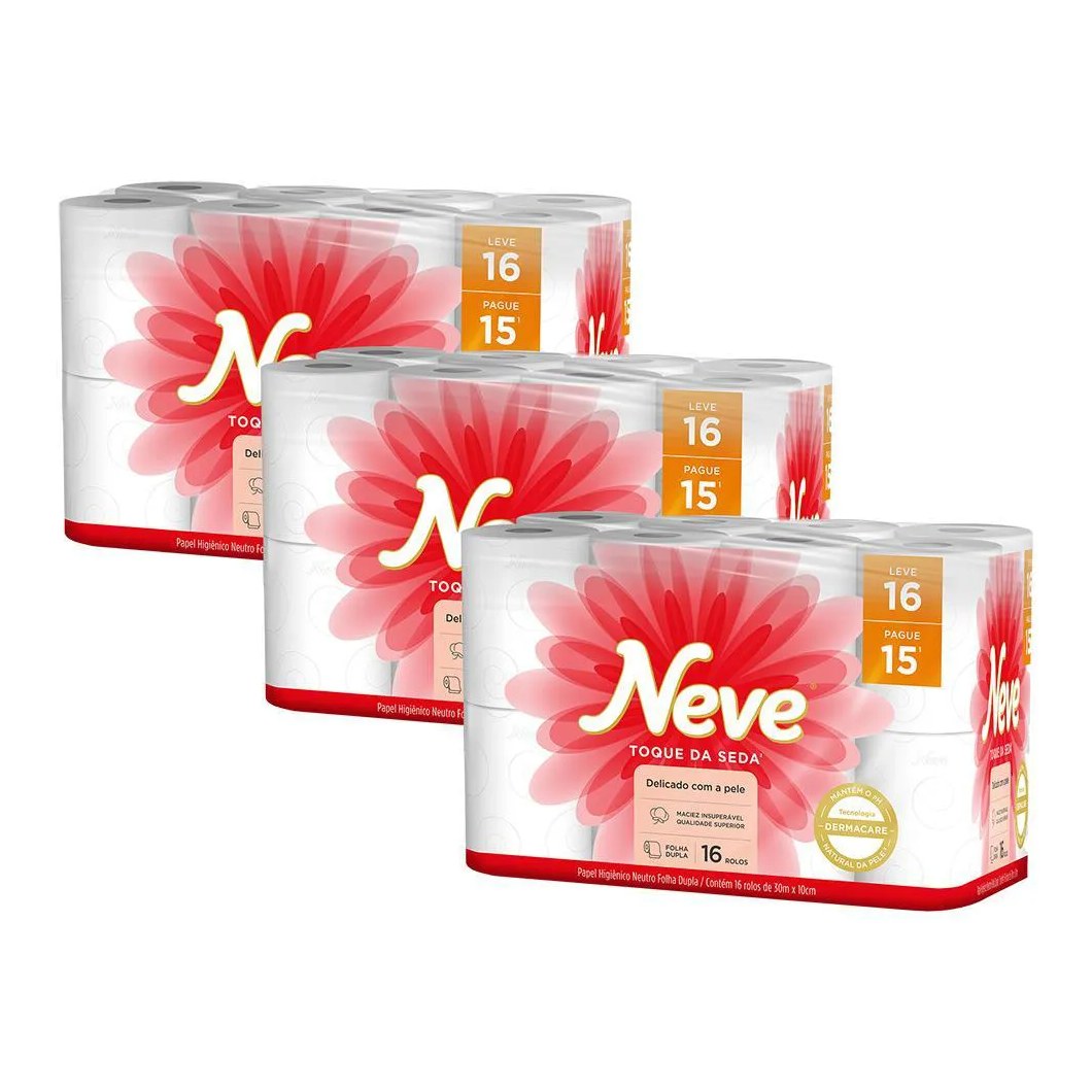 Kit 3 Papel Higiênico Neve Toque de Seda Folha Dupla 16un Cada