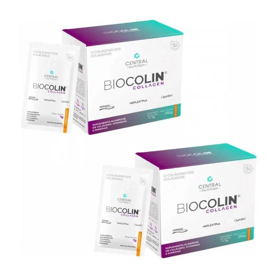Kit com 2 Biocolin Collagen Colágeno 7g 30 Sachês Tangerina - Central Nutrition
