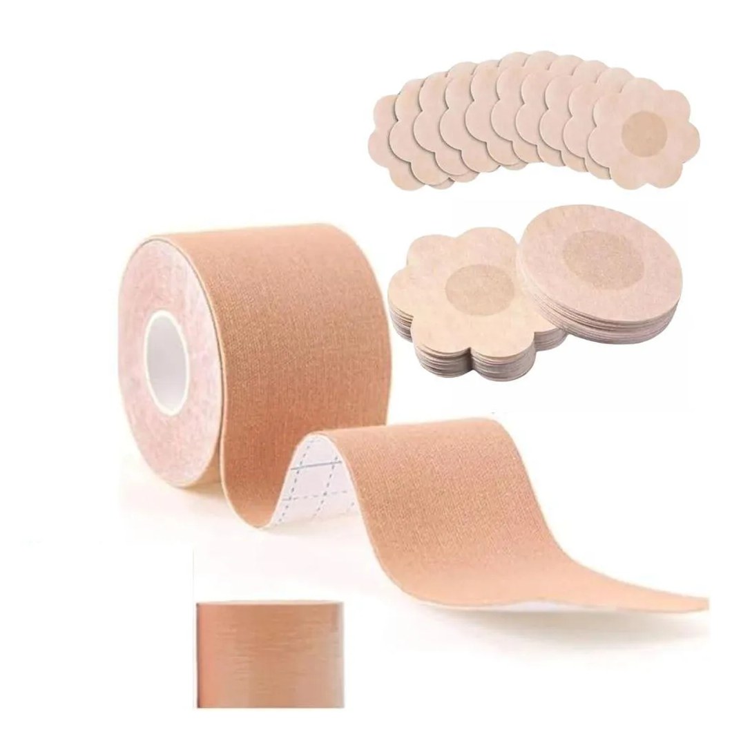 Kit Sutiã Adesivo Fita Levanta Peito Seios Mamas Fita Boob Up 5 Metros e 10 Protetor Tapa Mamilo