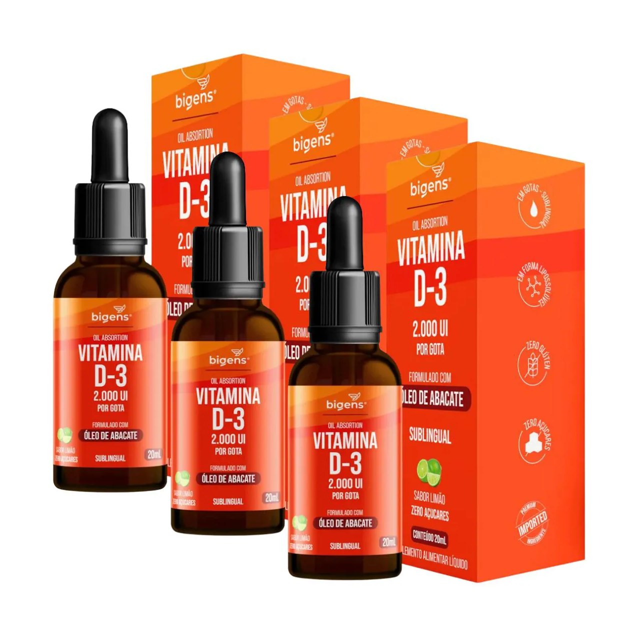3X VITAMINA D3 2000UI ÓLEO DE ABACATE BIGENS LIMãO 20ML