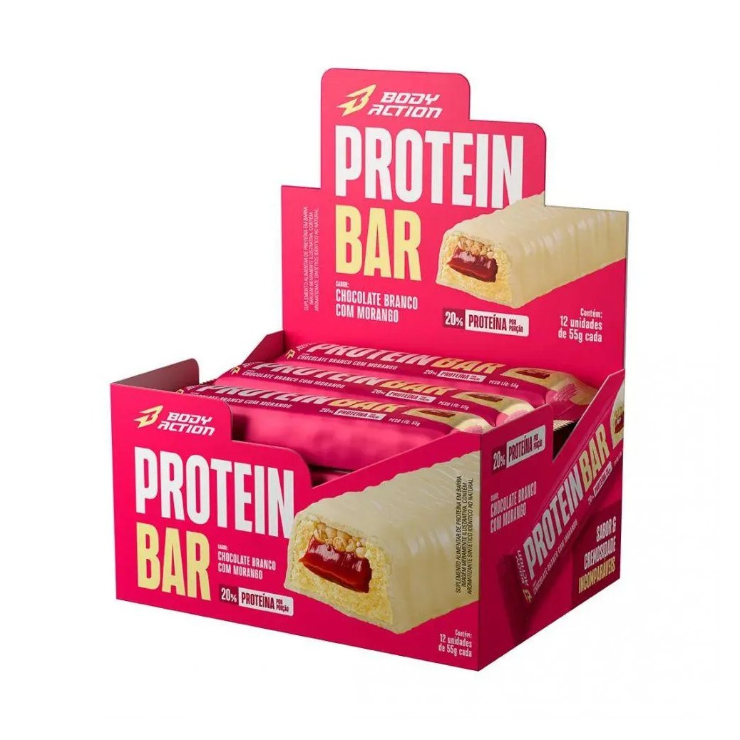 Protein Bar (Display 12 unidades 55G) - Sabor: Chocolate Branco com Morango