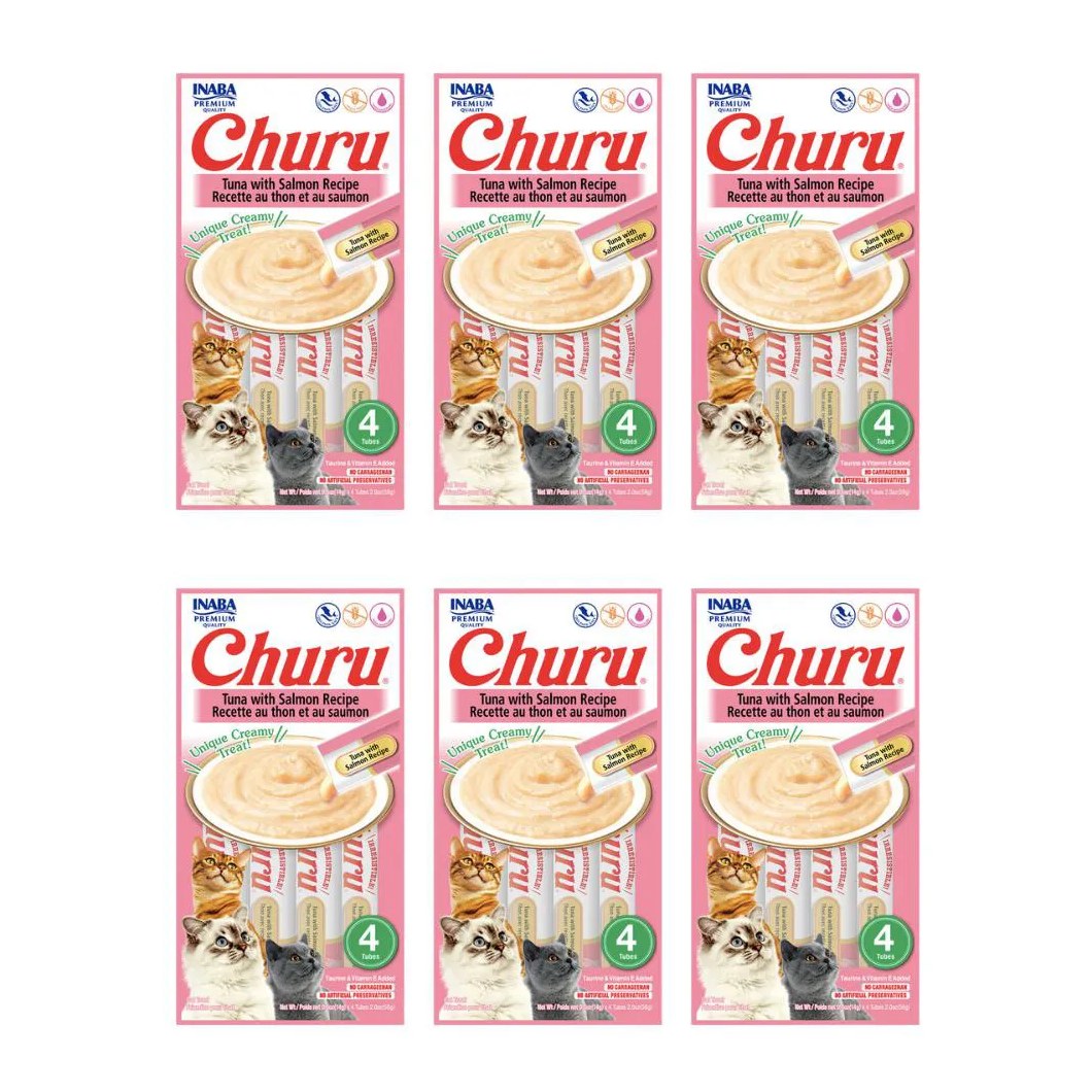 CAIXA 6 UNIDADES PETISCO PURê CHURU ATUM E SALMãO PARA GATOS 56G