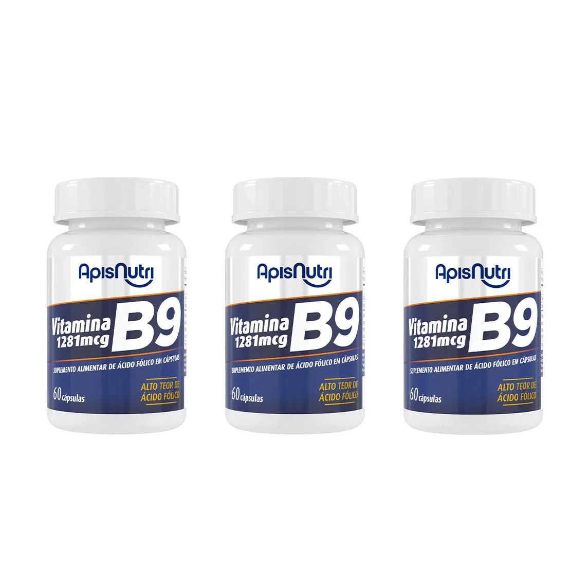 Kit 3 Vitamina B9 1281mcg Acido Folico 60 cápsulas - Apisnutri