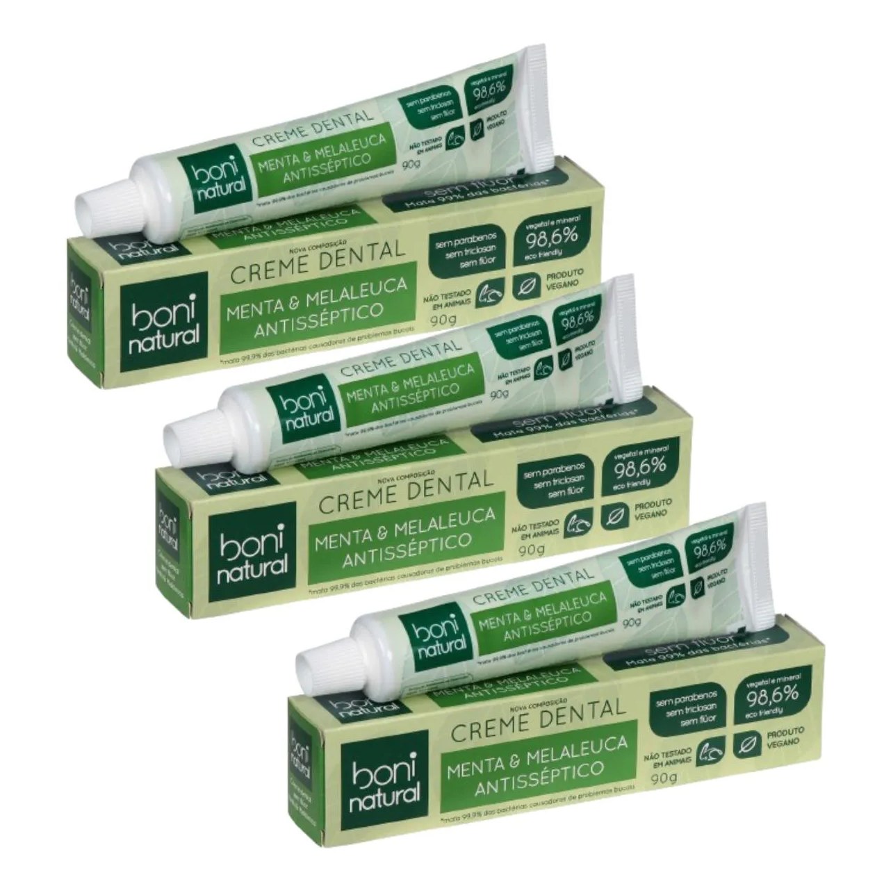 Kit 3 Pastas de Dente Natural e Vegano Menta e Melaleuca 90 G Boni Natural
