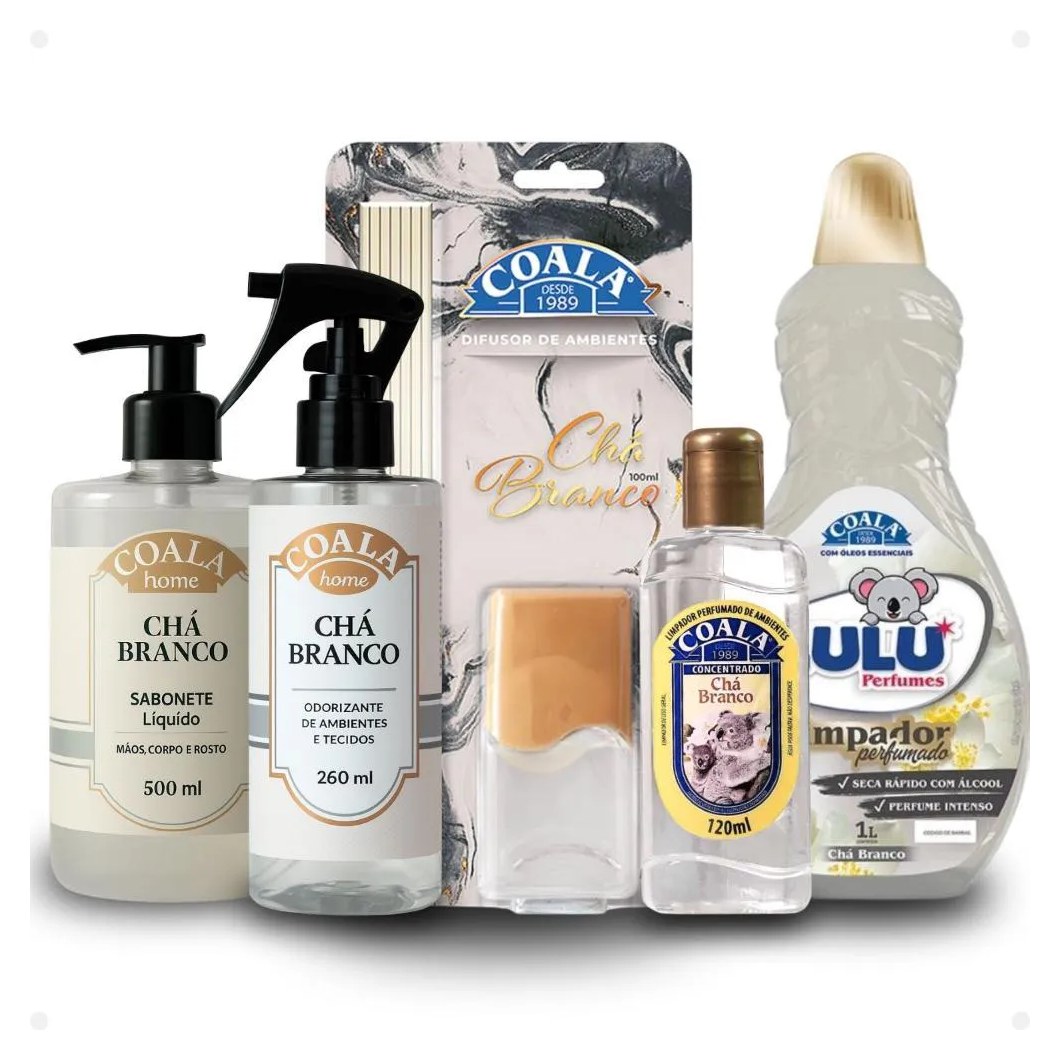 Kit Coala Chá Branco: Sabonete Líquido, Difusor de Aromas, Odorizantes, Limpador Perfumado 120ml e Limpador Zulu 500ml