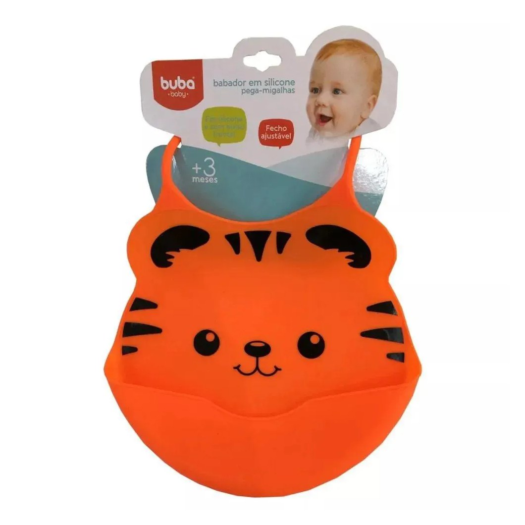 Babador Silicone Com Pega Migalhas Tigre Laranja Buba
