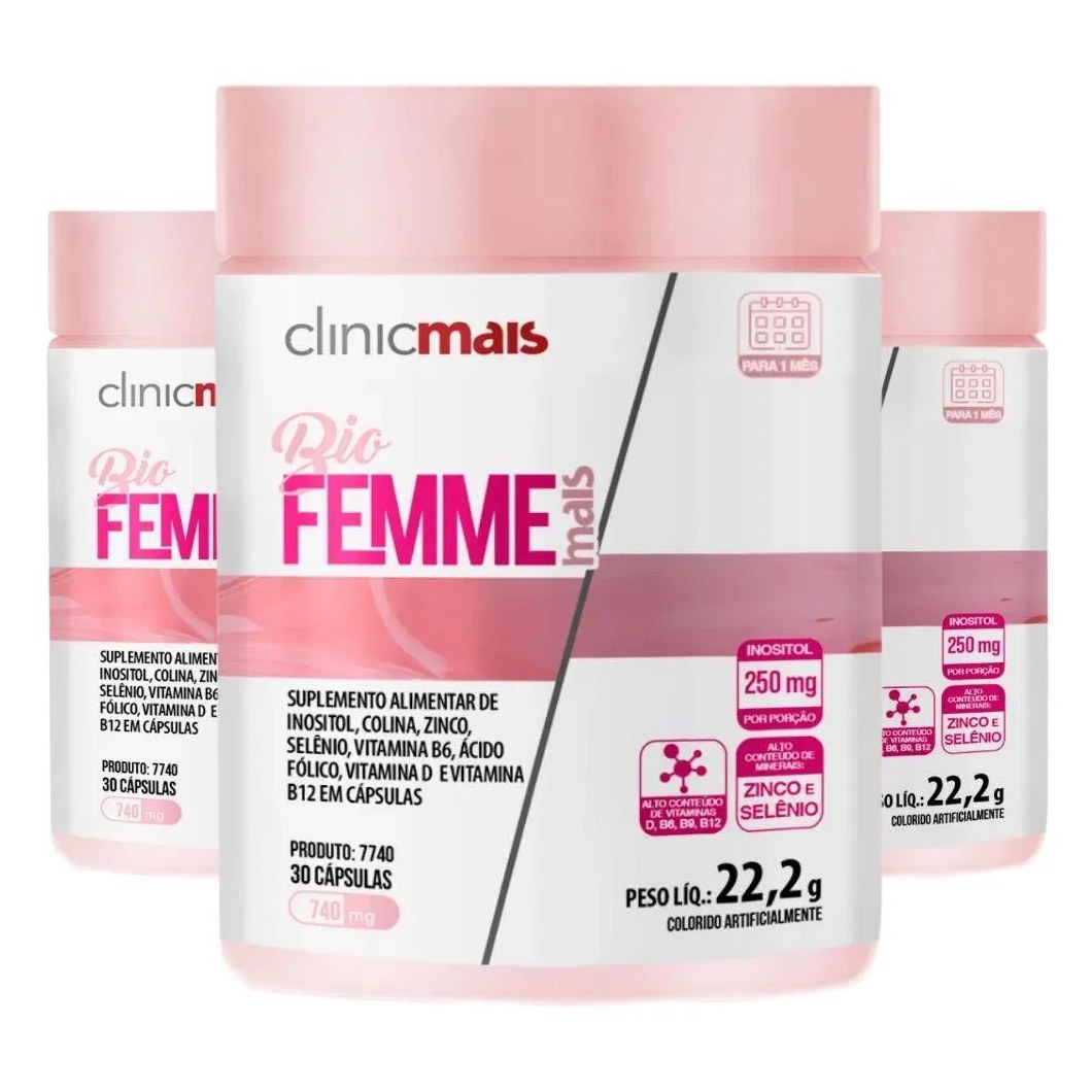 Kit 3X Bio Femme (Inositol Com Vitaminas) 30 Cápsulas - Clinicmais