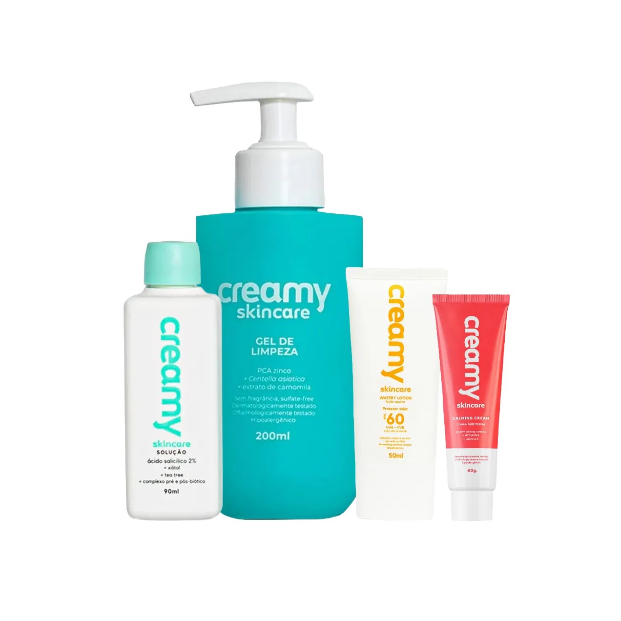 Kit Facial Creamy Skincare Protetor Solar FPS 60 50ml + Creme Hidratante 40g + Gel de Limpeza 200ml + Tônico Antiacne Esfoliante 90ml