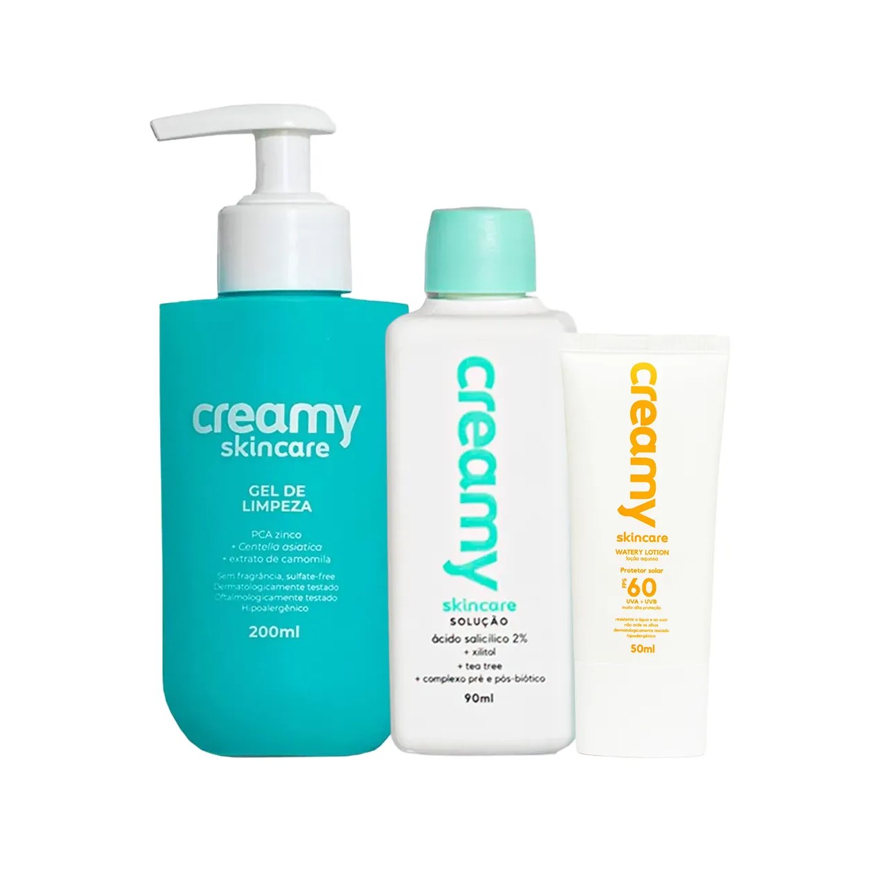 Kit Facial Creamy Skincare Gel de Limpeza 200ml + Tônico Antiacne Ácido Salicílico 90ml + Protetor Solar Loção FPS 60 50ml