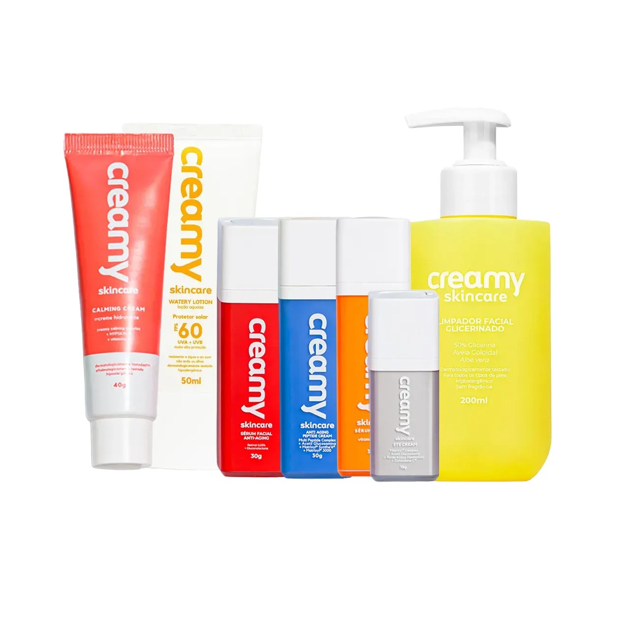 Kit Facial Creamy Limpador Facial 200ml + Sérum Vitamina C 30g + Creme Firmador Peptide 30g + Protetor Solar FPS 60 50ml + Sérum Anti-Idade 30g + Creme para Área dos Olhos 15g