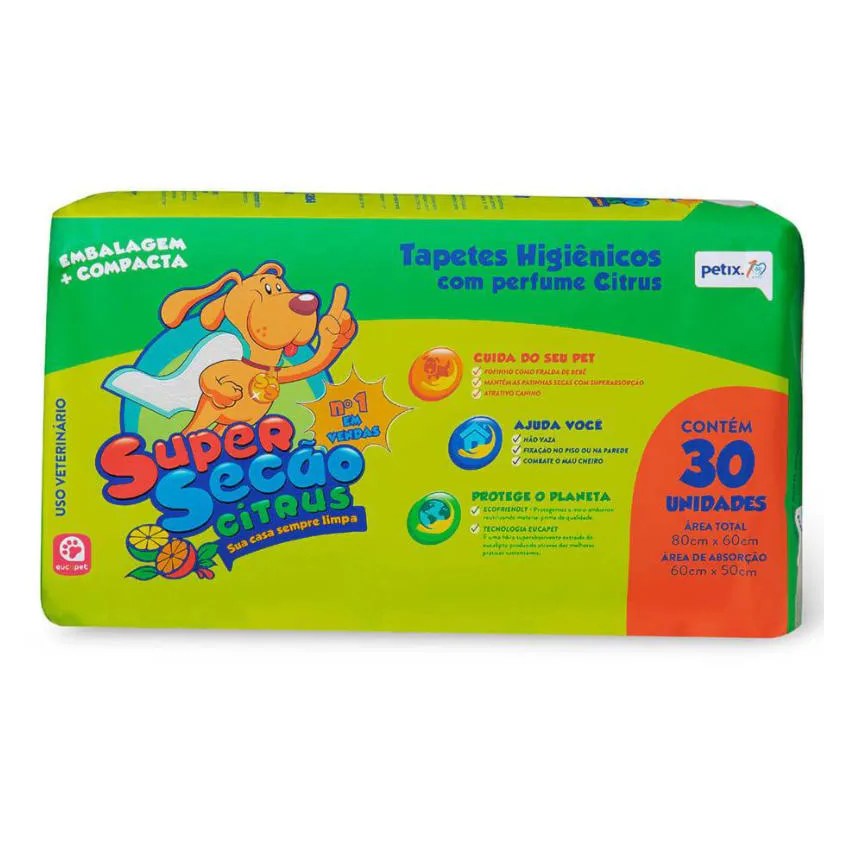 Tapete Higiênico Super Secão Citrus 30Un 80X60Cm para Cães