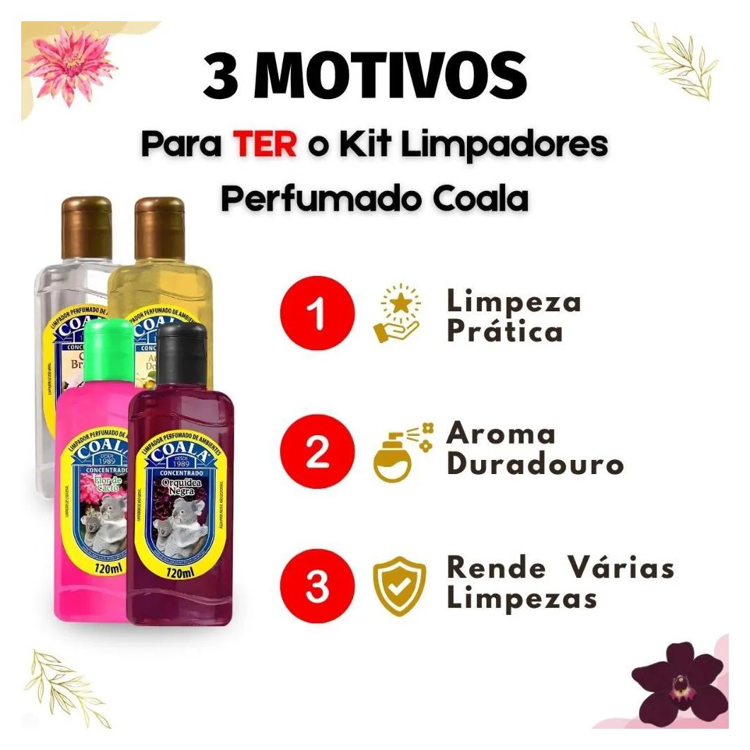 Kit Coala Limpadores Perfumados: Chá Branco, Ameixa Dourada, Flor de Cacto e Orquídea Negra 120ml