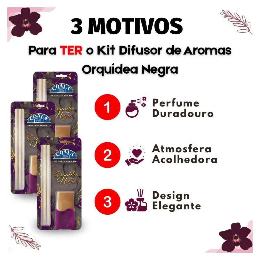 Kit Coala: 3 Difusores de Aroma Orquídea Negra 100ml