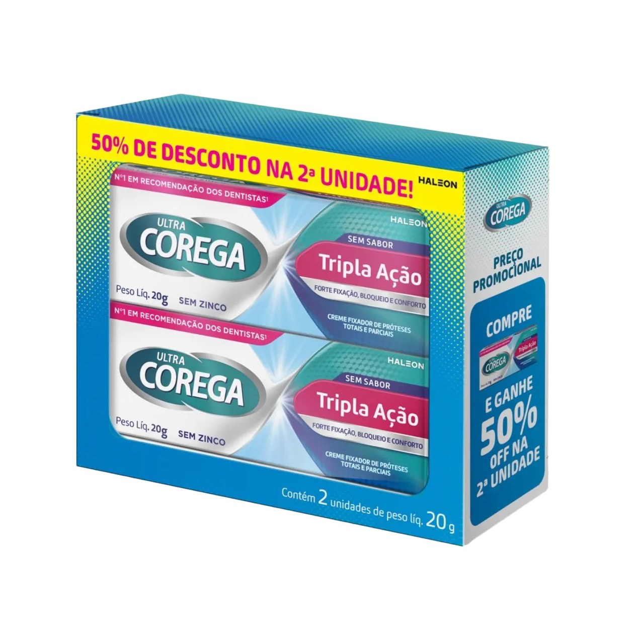 Kit Creme Fixador de Dentadura Corega Ultra Tripla Ação Sem Sabor 20g 2 unidades