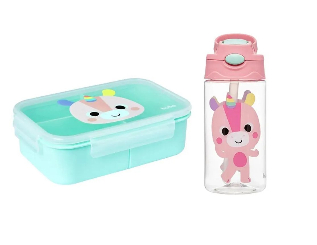Kit Buba Garrafinha 450Ml + Bento Lunchbox com Divisórias Unicórnio