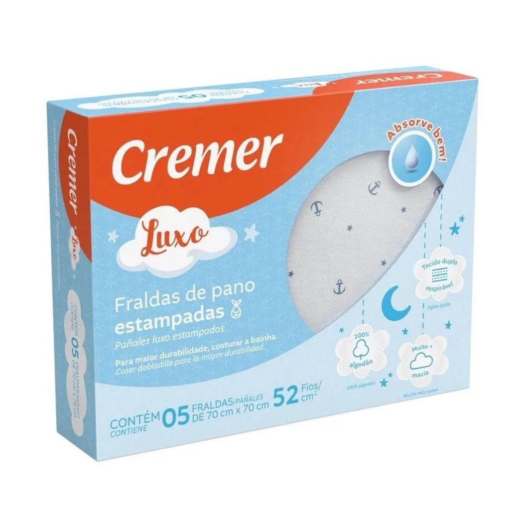Fralda de Pano Cremer Estampa Naval Azul com Bainha 05 Unid