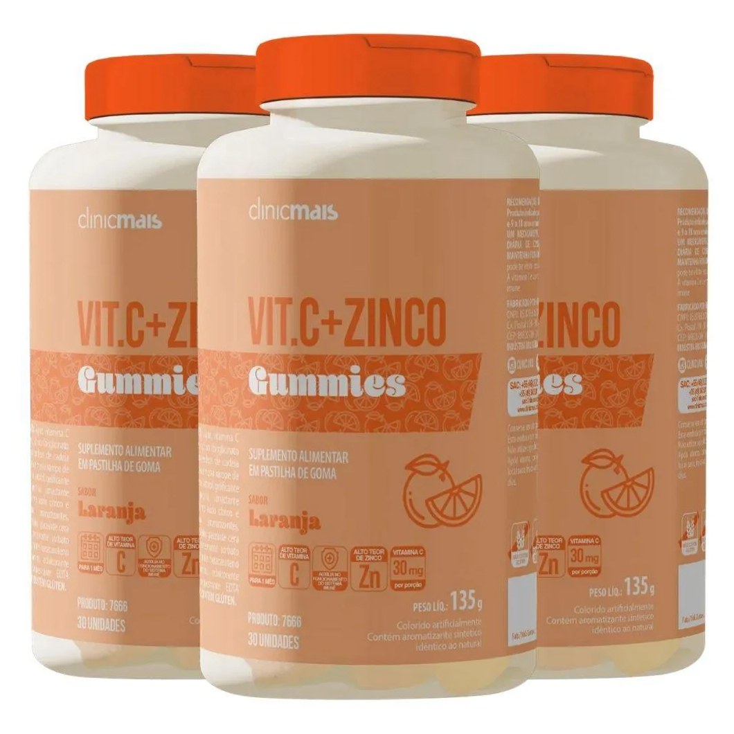 Kit 3X Vitamina C + Zinco Gummies 30 Gomas - Clinicmais