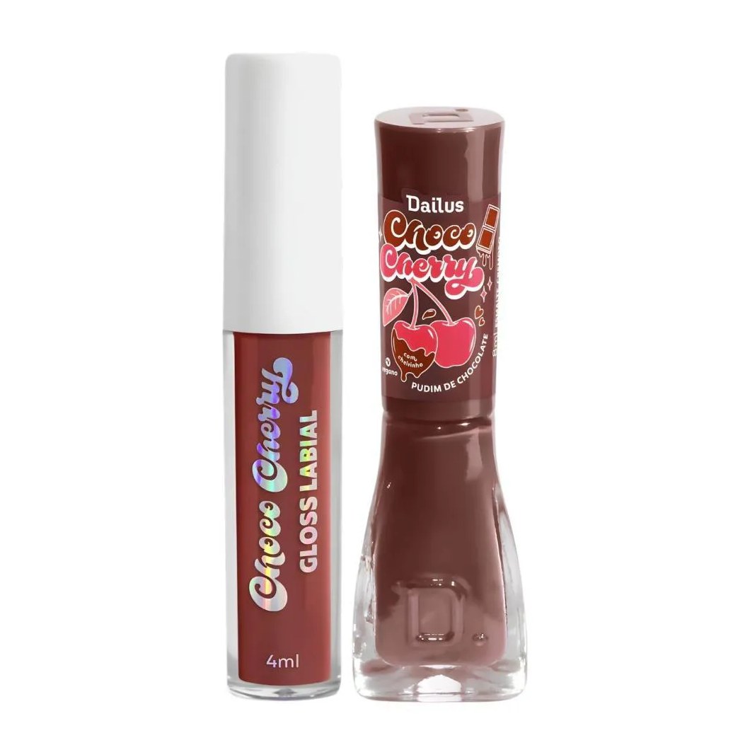 Kit Dailus Choco Cherry Pudim de Chocolate: Gloss Labial 4Ml e Esmalte Cremoso 8Ml