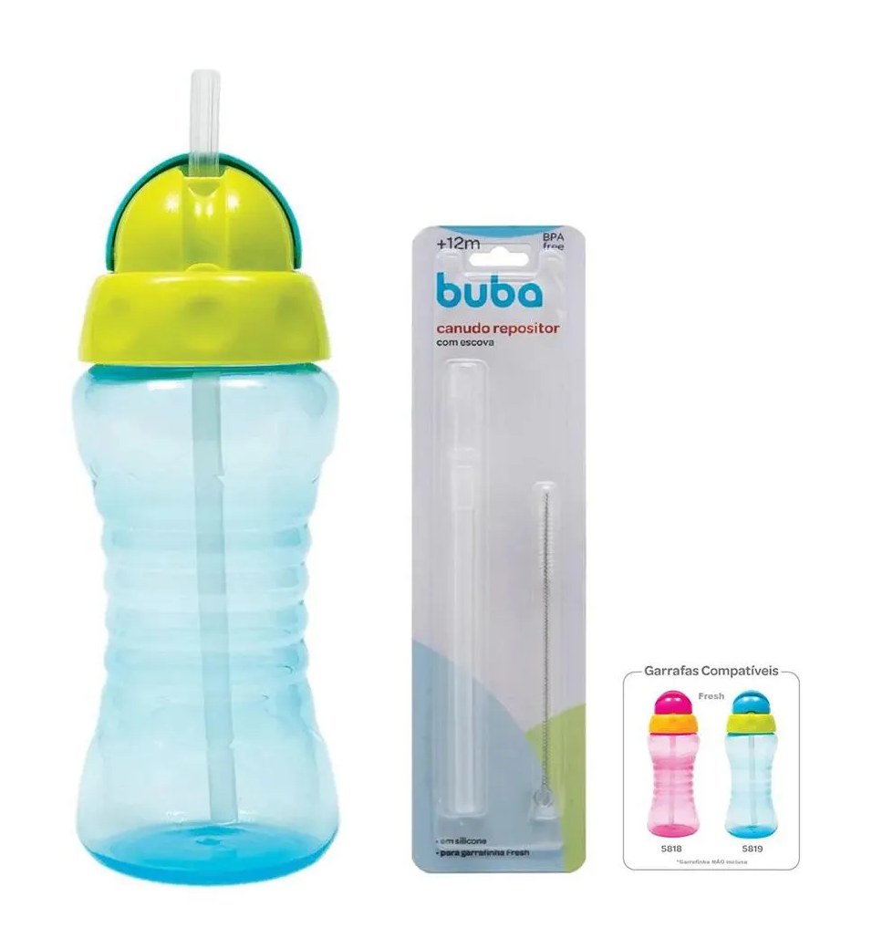 Kit Garrafinha Fresh com Canudo Silicone 300Ml + Canudo com Escova Buba