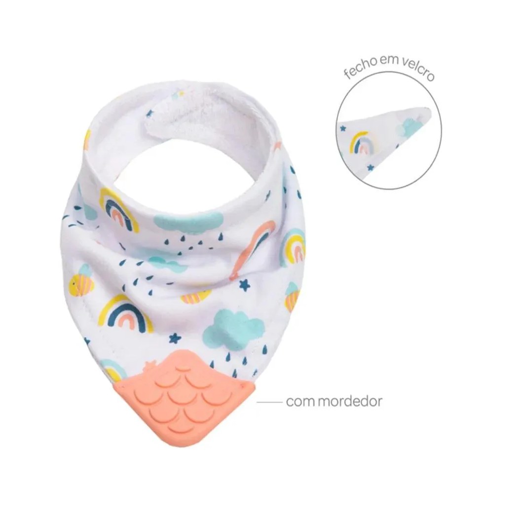 Kit Joelheira Infantil Antiderrapante +6M + Babador Bandana C/Mordedor Arco-Íris Buba