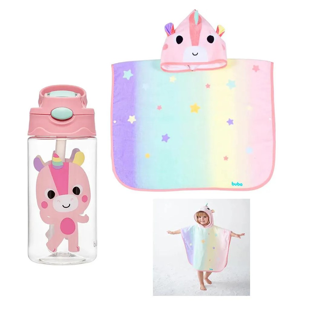 Kit Toalha Poncho + Garrafinha Tritan Canudo 450Ml Unicórnio Buba