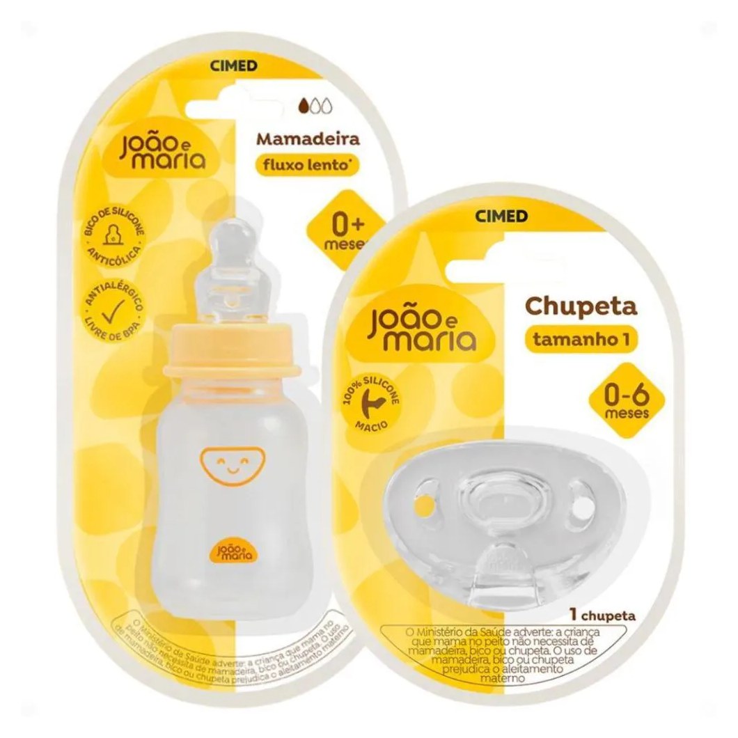 Kit Cimed João e Maria 0-6 Meses: Mamadeira Fluxo Lento 120Ml e Chupeta de Silicone Tamanho 1