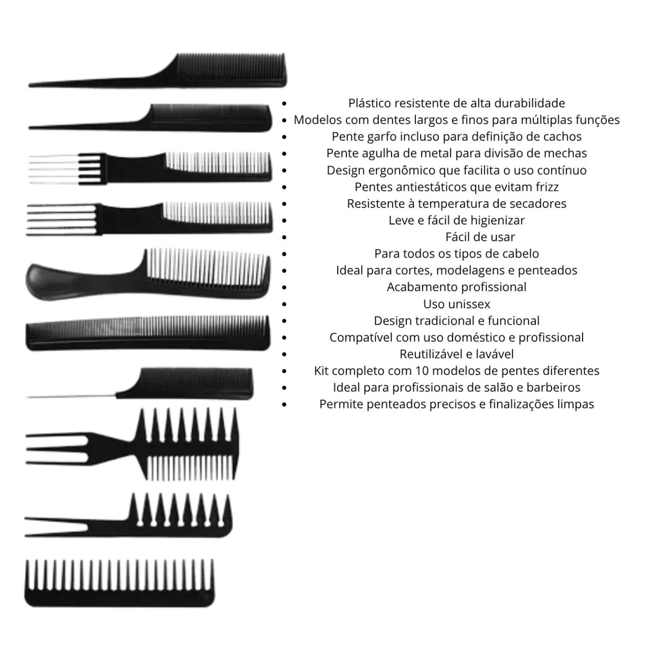 Kit 10 Pentes Profissional Cabeleireiro Pente Fino Garfo Salão Barbeiro para Corte