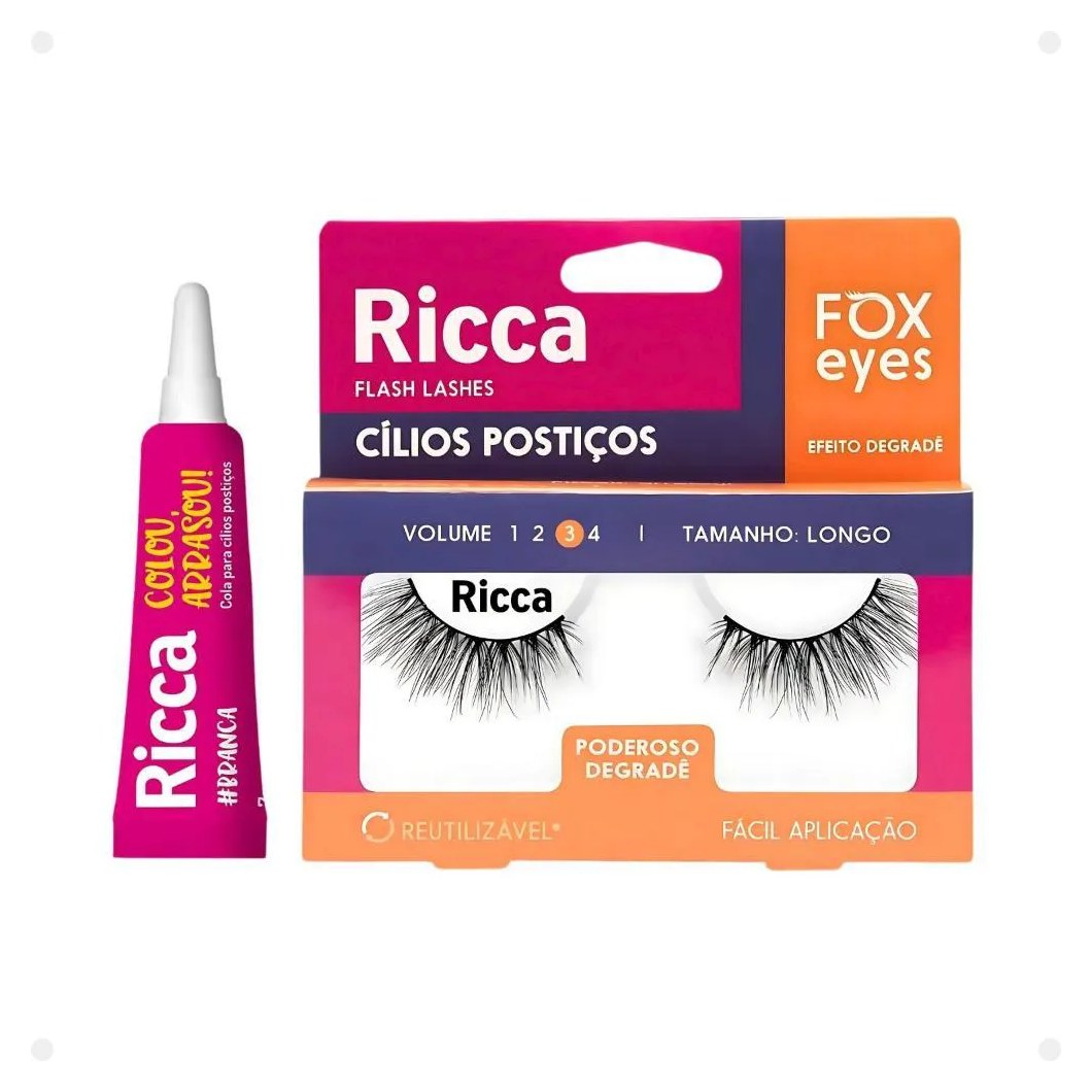 Cílios Postiços + Cola Branca Ricca Belliz Fox Eyes Poderoso Degradê Vol:3 Longo Cód.2693