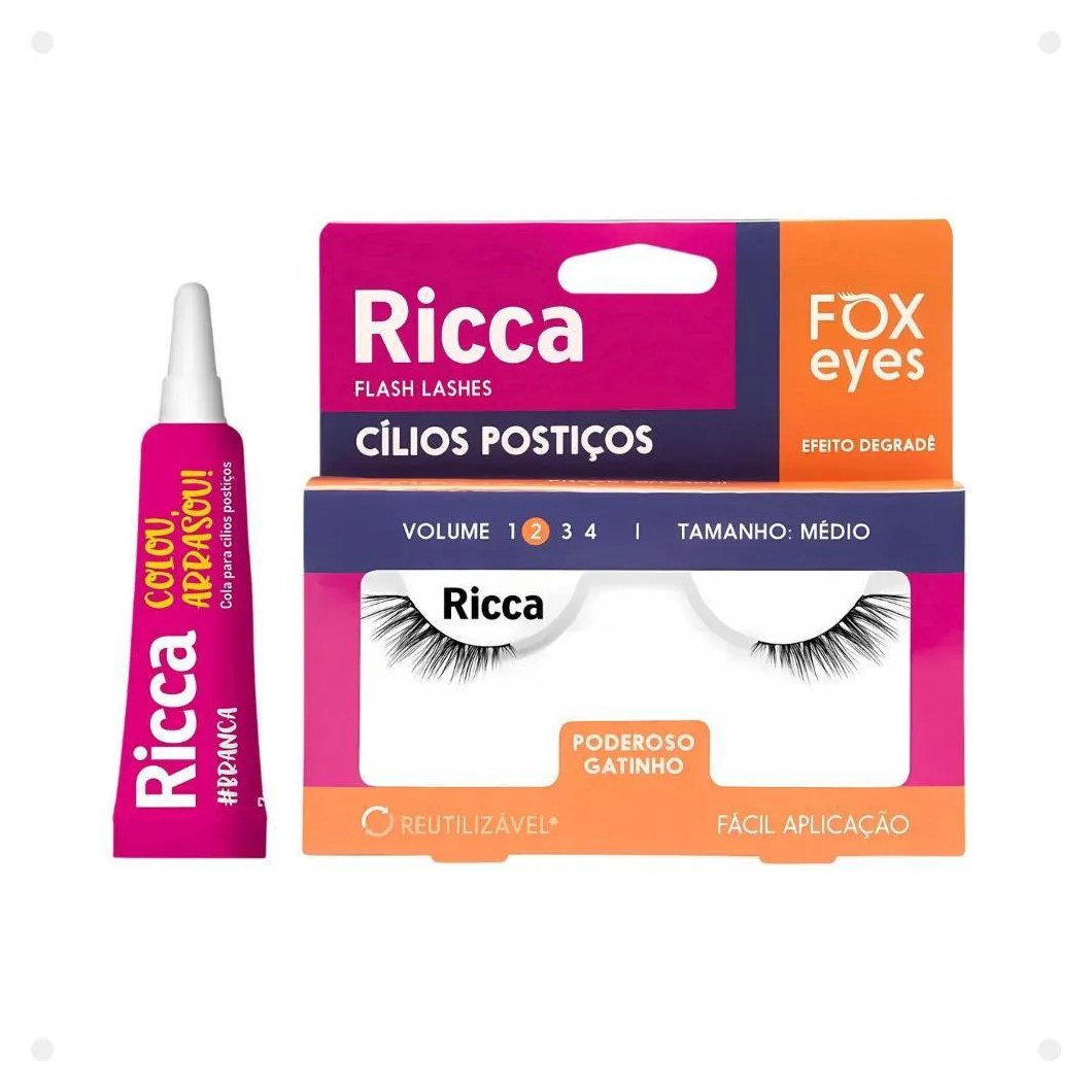Cílios Postiços + Cola Branca Ricca Belliz Fox Eyes Poderoso Gatinho Vol:2 Médio Cód.2697