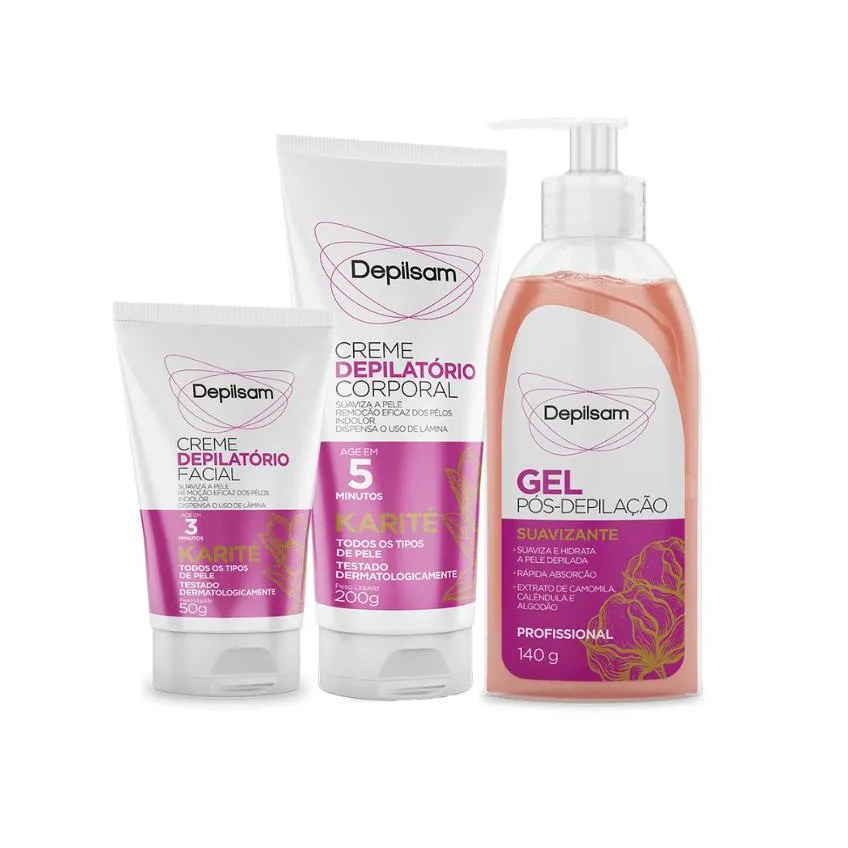 Kit Completo Creme Depilatório Corporal + Creme Facial + Gel Pós Depilação Karité