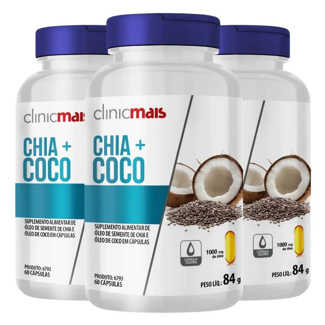 Kit 3X Óleo de Coco + Óleo de Chia 60 Cápsulas - Clinicmais