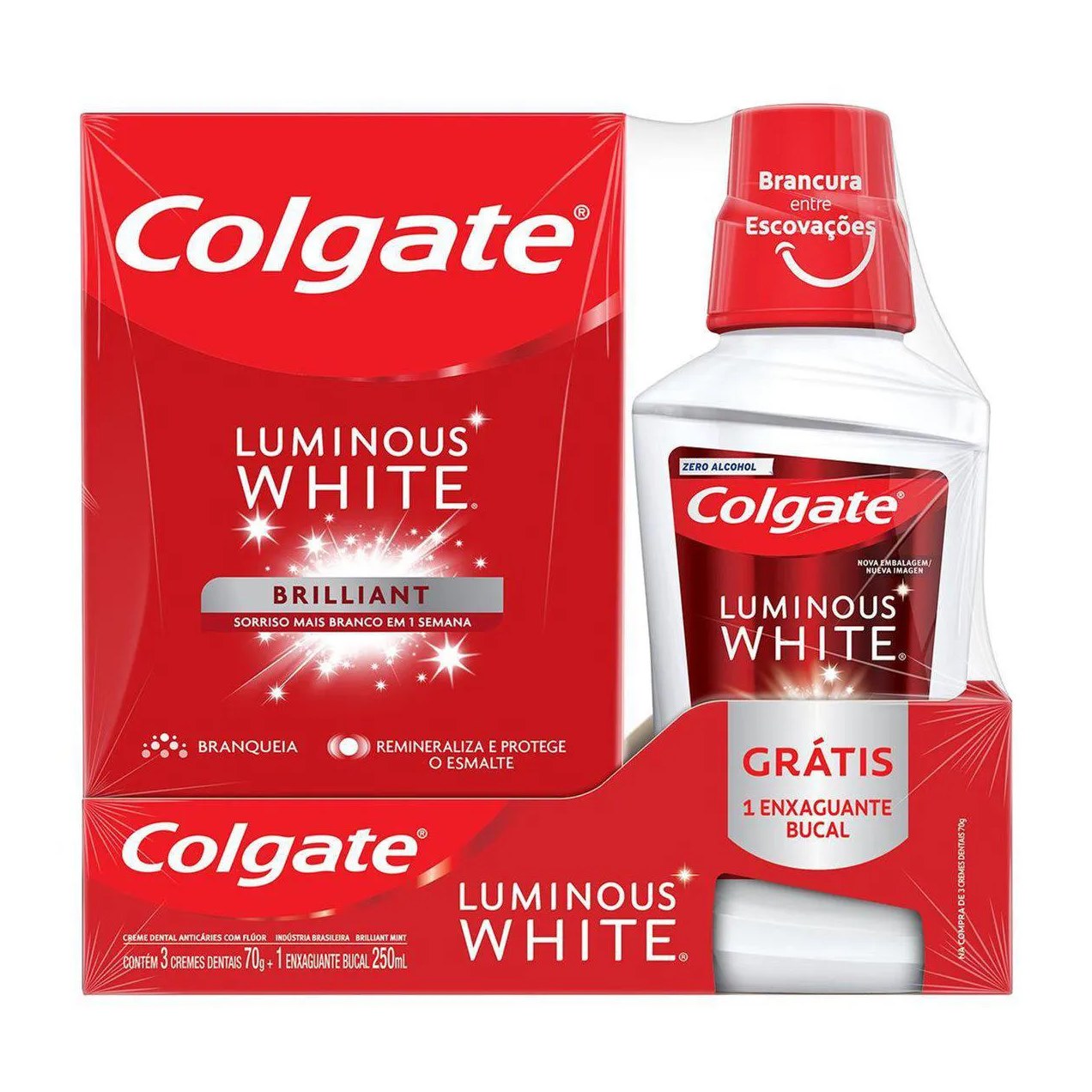 Kit Colgate Luminous White Brilliant Creme Dental 70g 3 unidades + Enxaguante Bucal 250ml