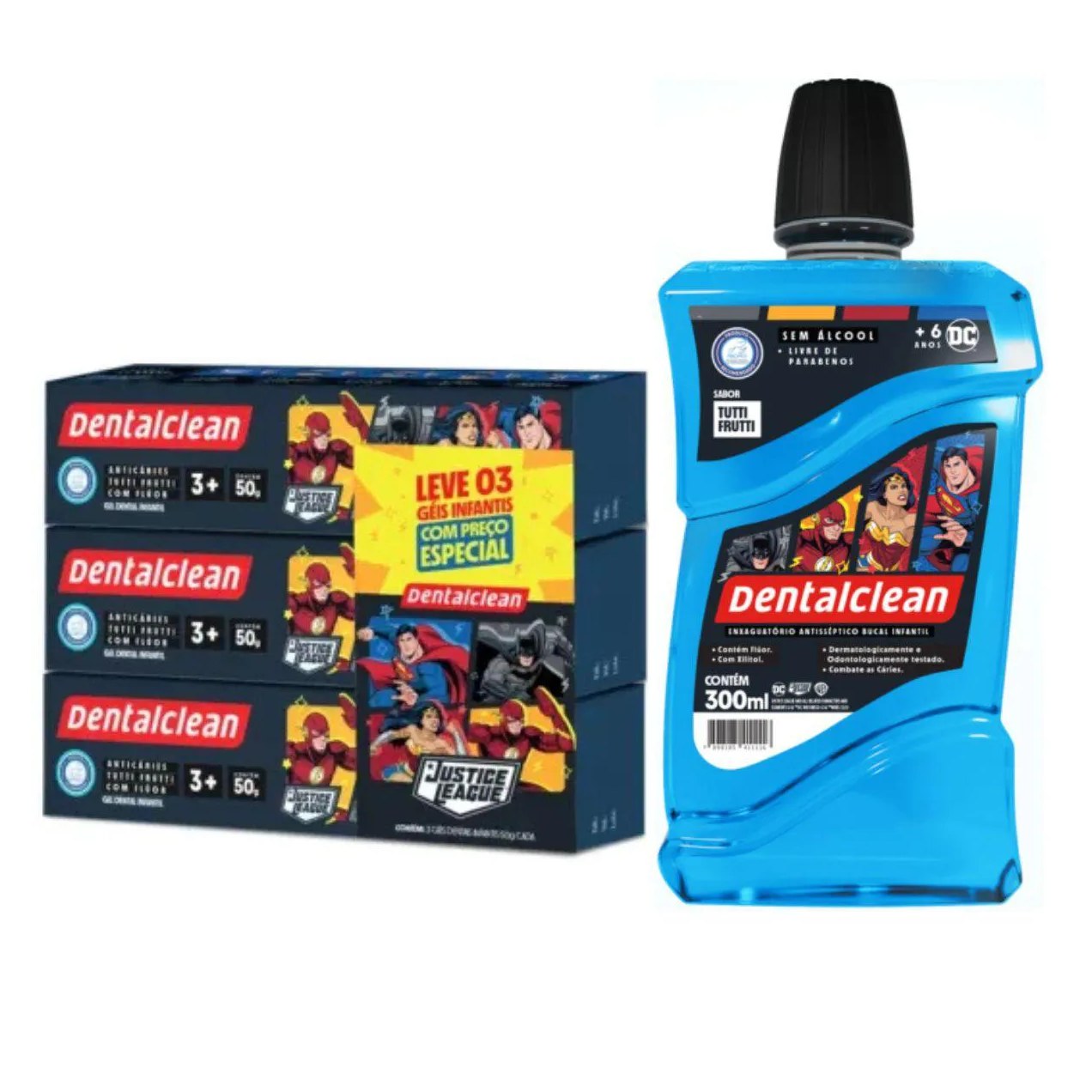 Enxaguante + 3 Gel Dental Liga da Justiça - Dentalclean