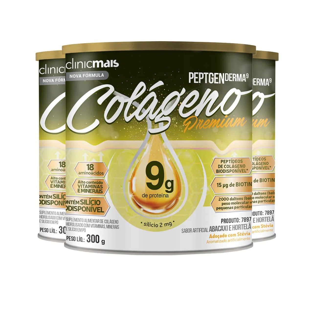 Kit 3 Colágeno Peptgenderma Clinicmais 300G Abacaxi com Hortelã