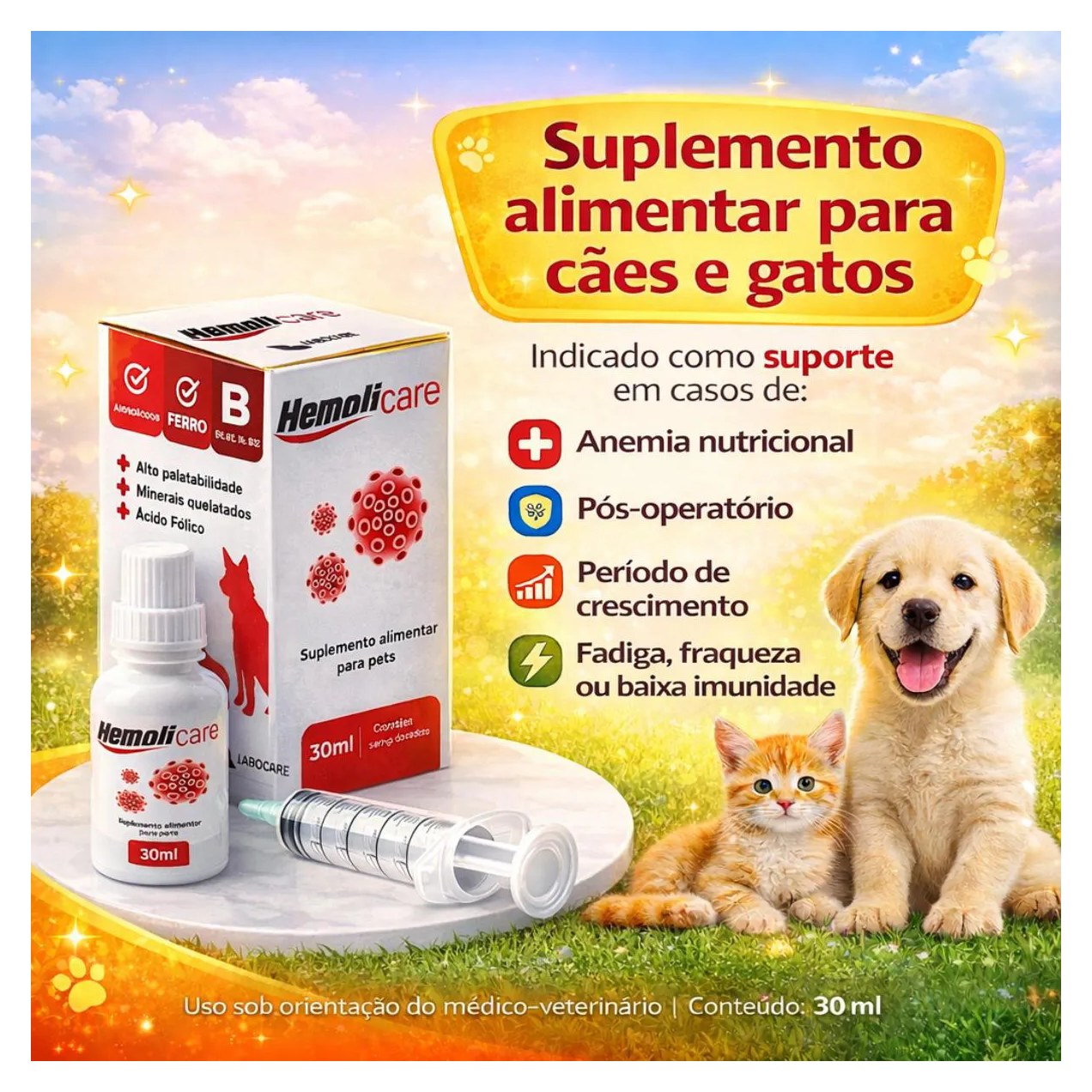 Hemoli Care Multivitamínicos, Suplemento Alimentar para Cães e Gatos - 30Ml