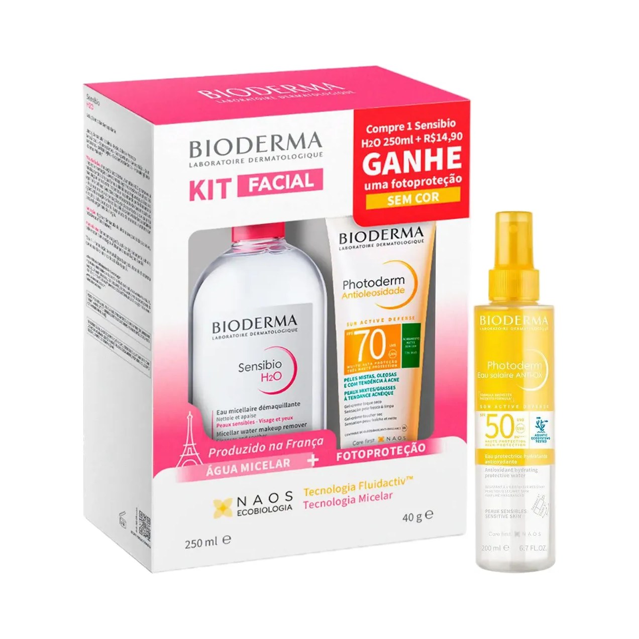 Kit Bioderma Água Micelar Sensibio H2O 250ml + Photoderm Antioleosidade FPS70 40ml + Eau Solaire Anti-OX FPS 50 200ml
