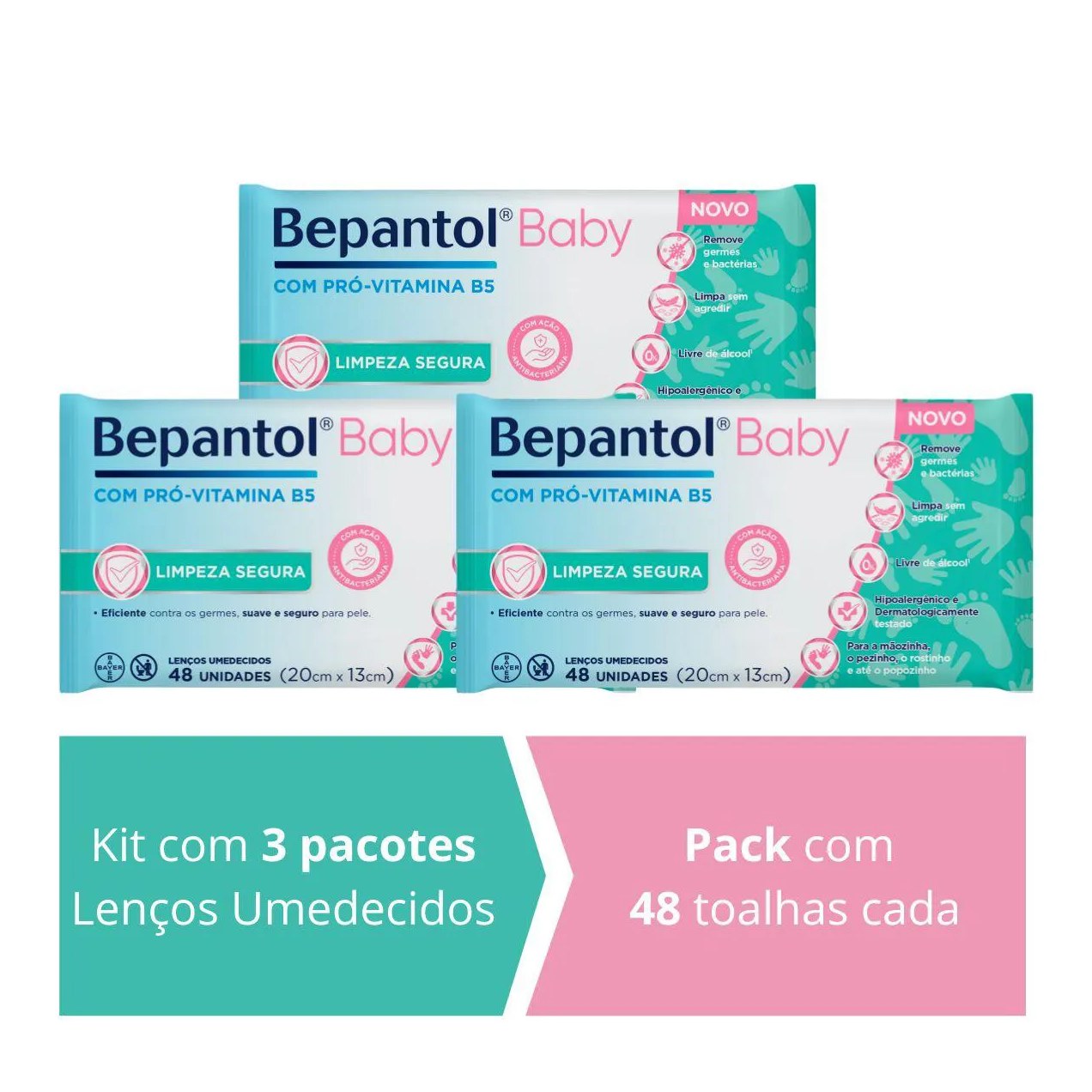 Kit 3 Lenços Umedecidos Proteção Antibac 48Un Cada Bepantol