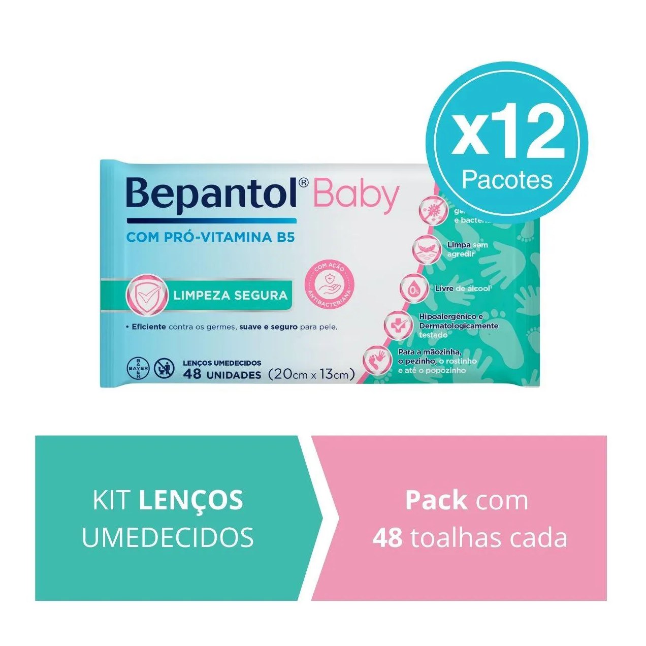 Kit 12 Lenços Umedecidos Proteção Antibac 48Un Cada Bepantol