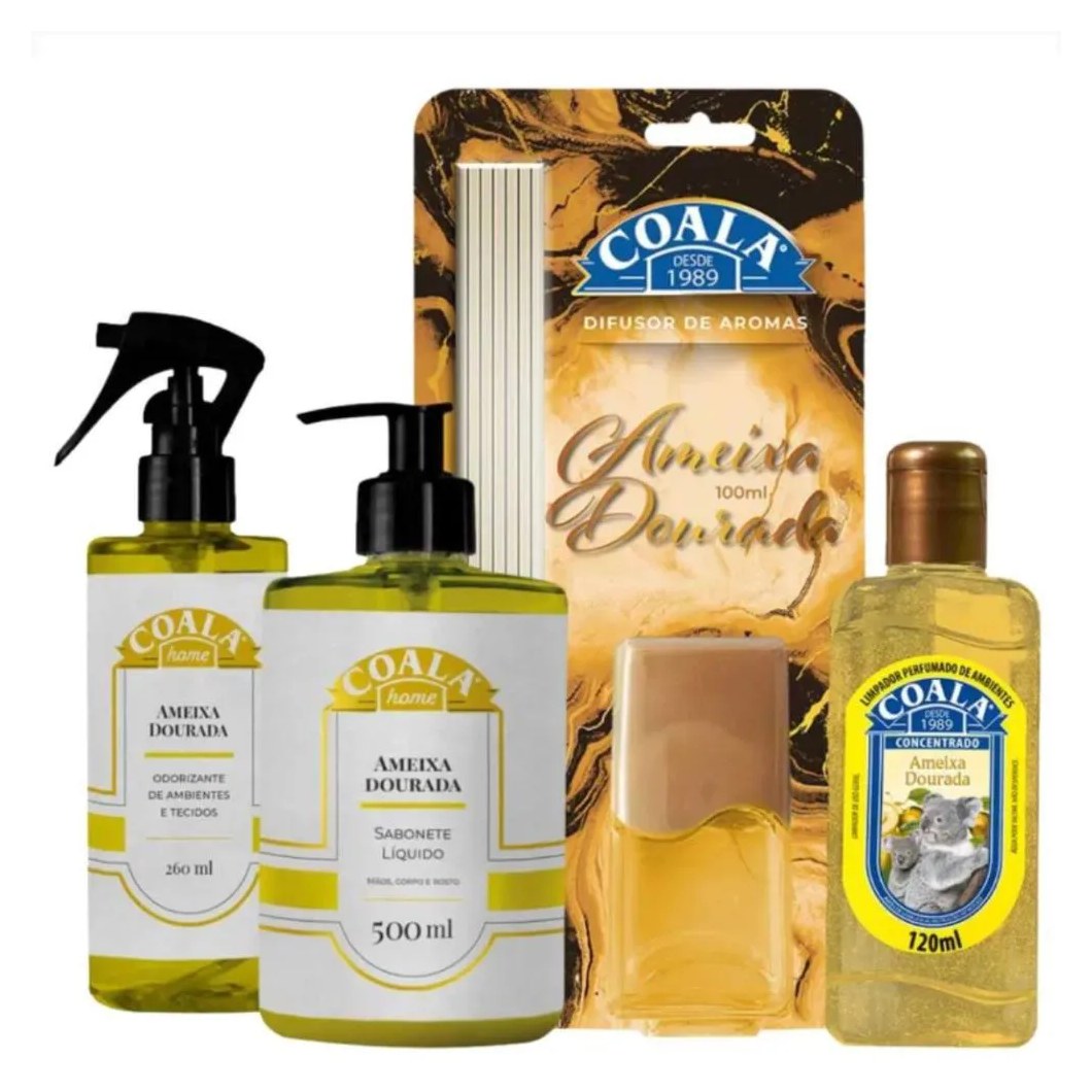 Kit Coala Ameixa Dourada: Limpador Perfumado 120Ml, Sabonete Líquido 500Ml, Odorizante de Ambientes 260Ml e Difusor de Aromas 100Ml