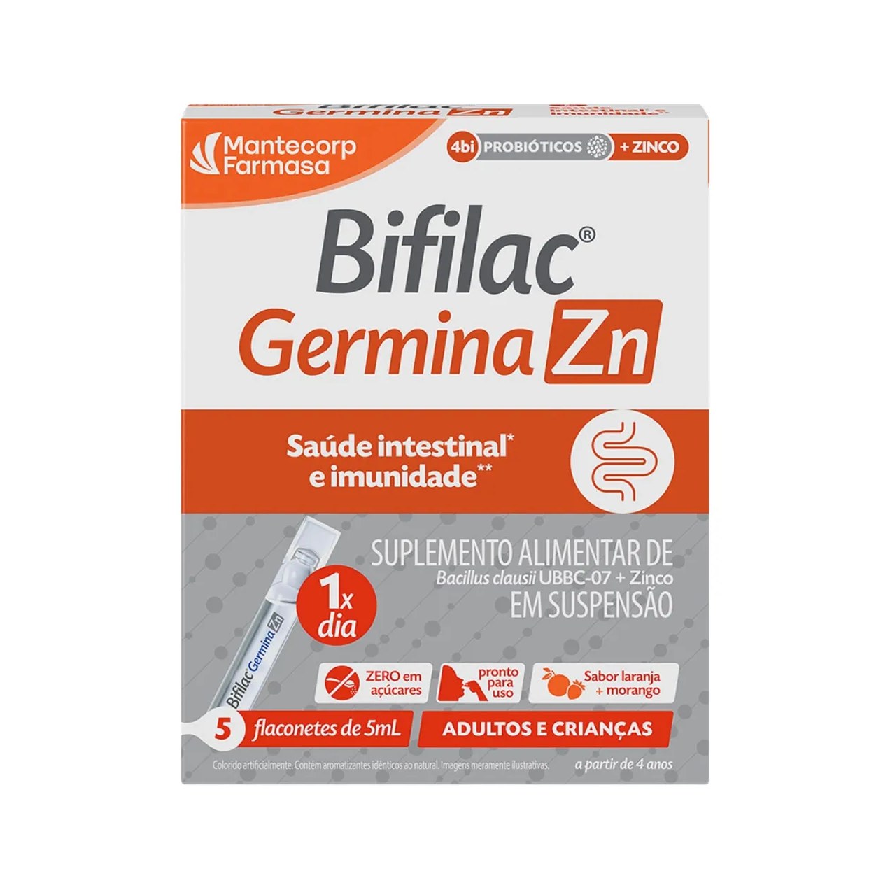 Probiótico Bifilac Germina ZN 4bi + Zinco Suspensão Oral Laranja e Morango 5 flaconetes de 5ml cada