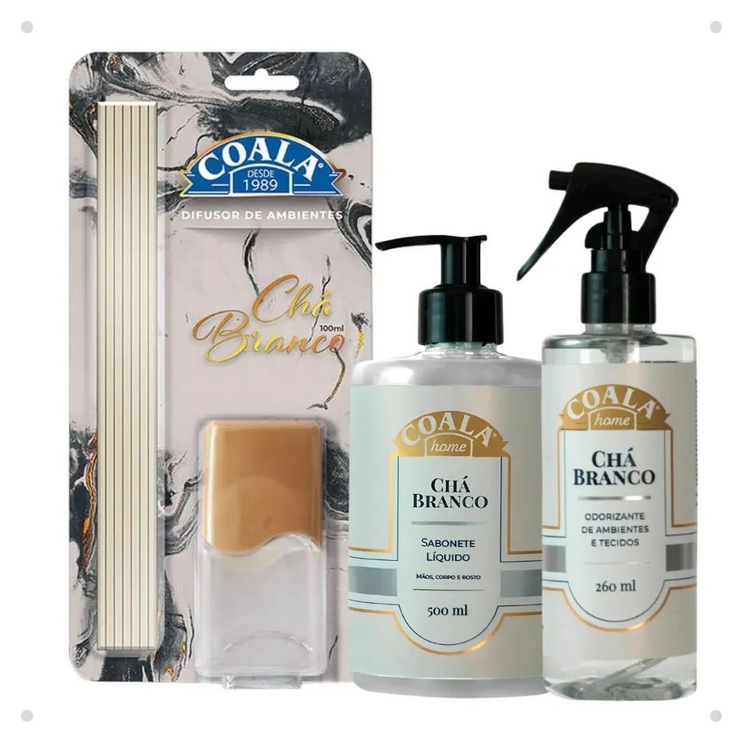 Kit Coala Chá Branco: Sabonete Líquido, Difusor de Aromas e Odorizante de Ambientes