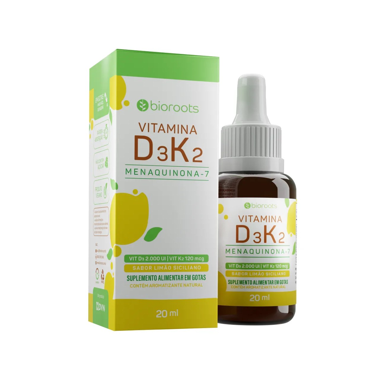 Vitamina D3 2.000UI + K2 120 mcg Bioroots Sabor Limão Siciliano 20 ml