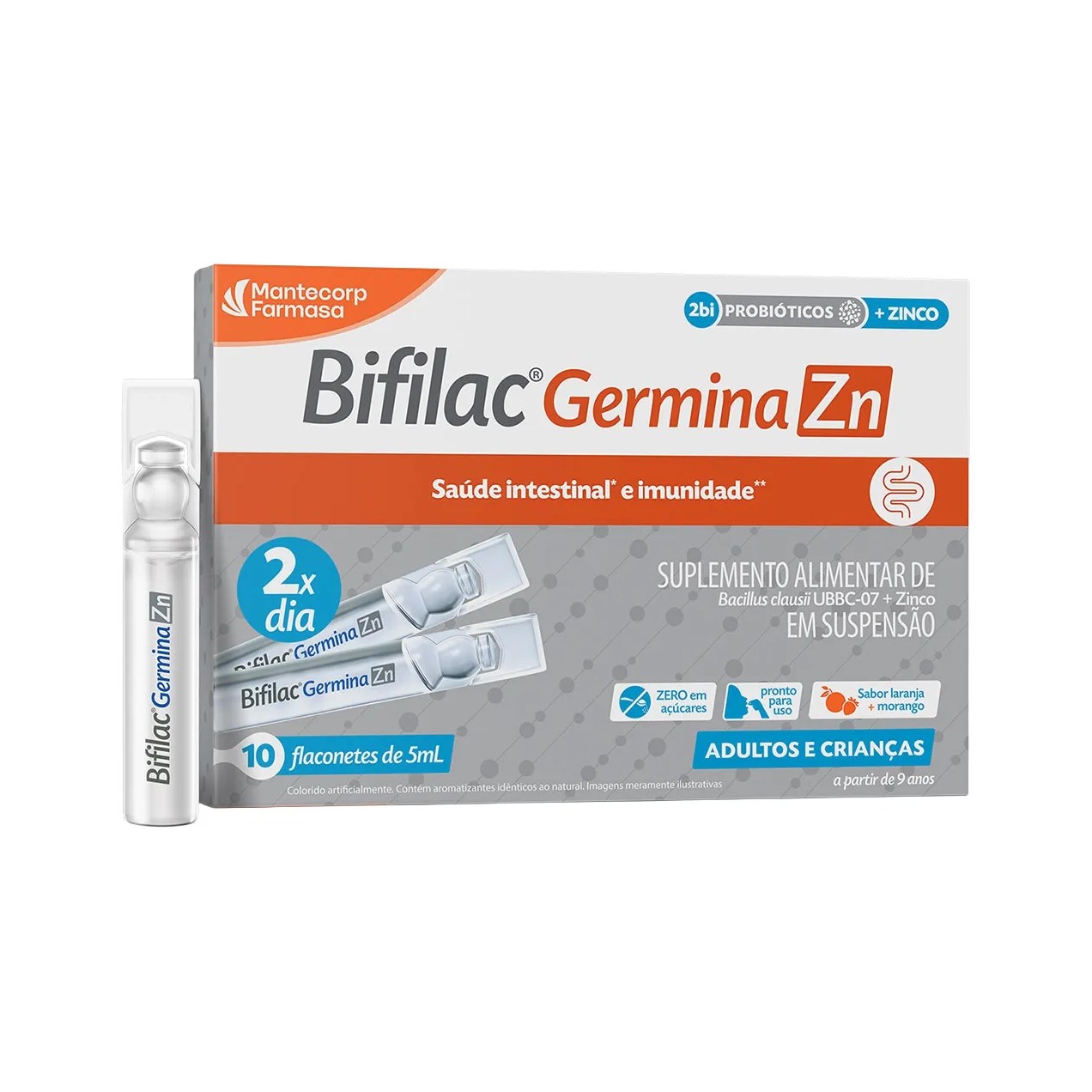 Probiótico Bifilac Germina ZN 2bi + Zinco Suspensão Oral Laranja e Morango 10 flaconetes de 5ml cada