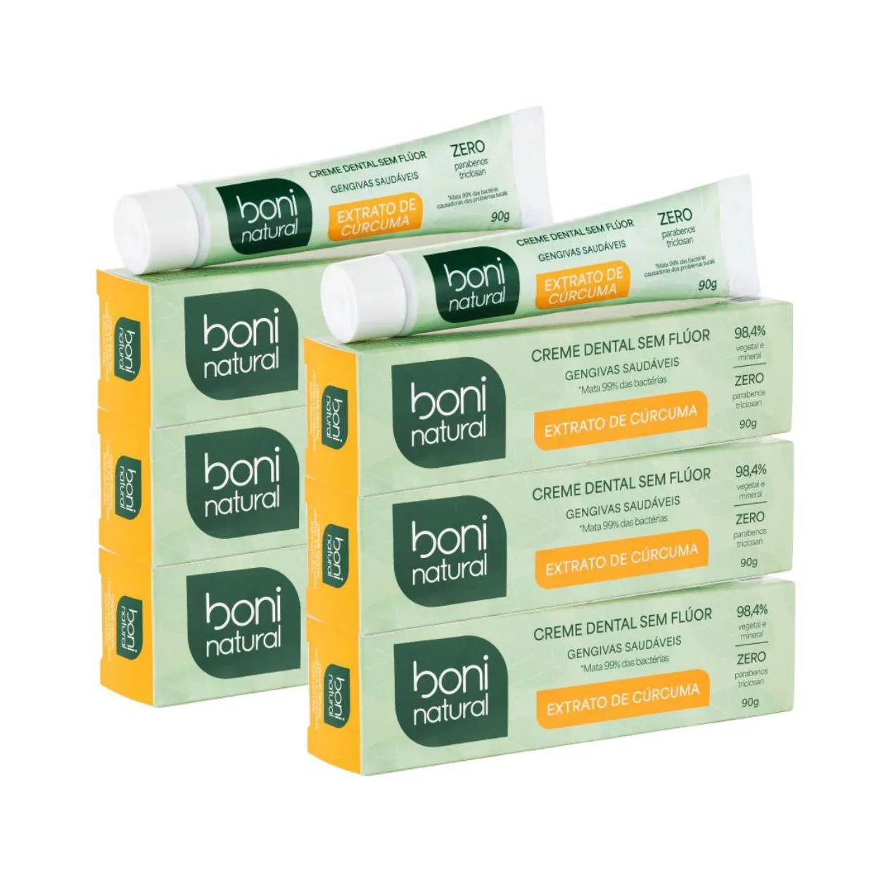 Kit 6 Creme Dental Boni Natural Hortela e Curcuma 90G