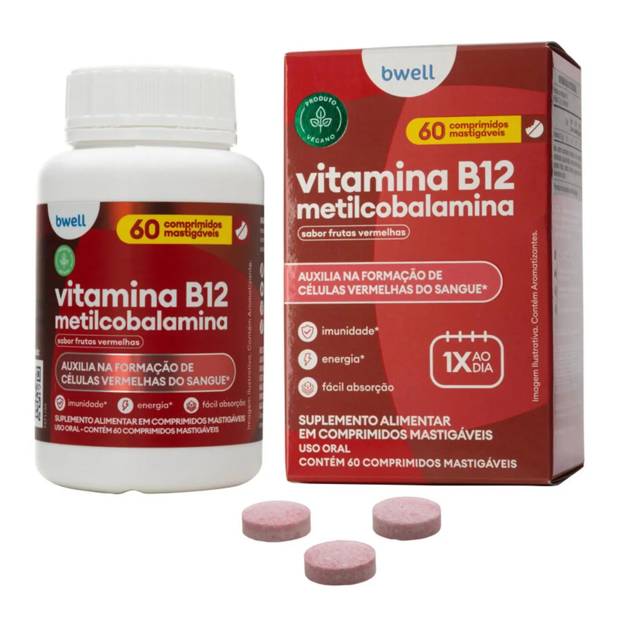 Vitamina B12 Bwell Frutas Vermelhas 60 Comprimidos Mastigáveis