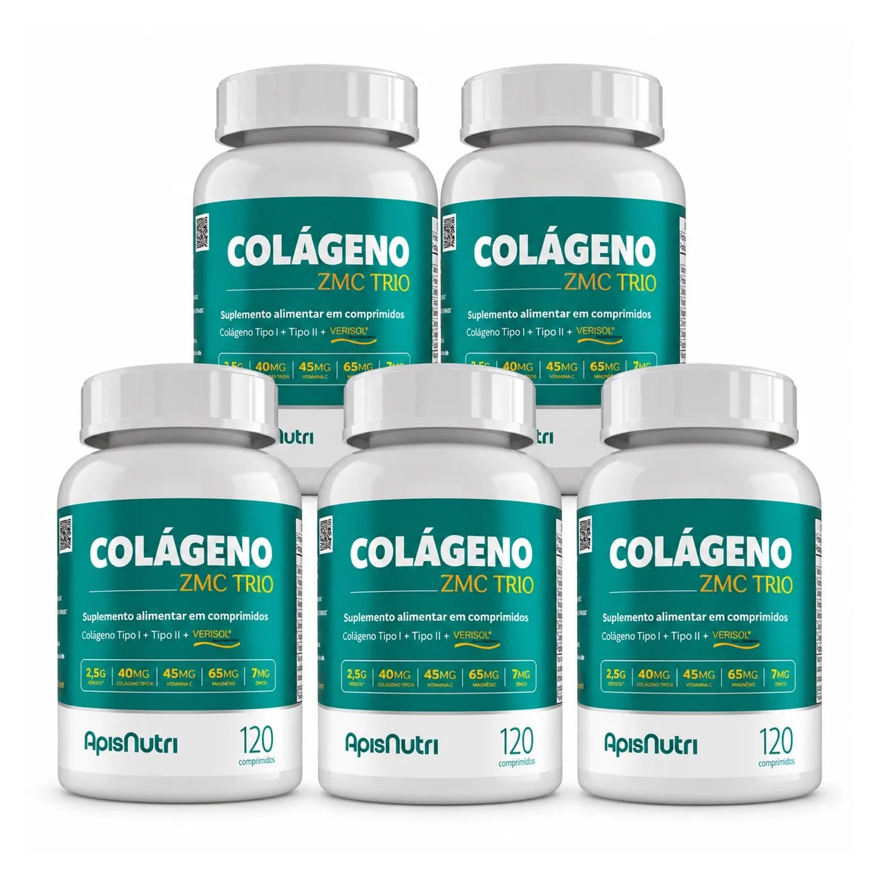 Kit 5 Colágeno Zmc Trio Apisnutri 120 Comprimidos