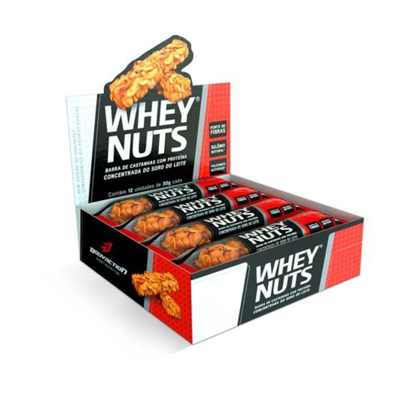 Barra de Castanhas Body Action Whey Nuts 30g 12 unidades