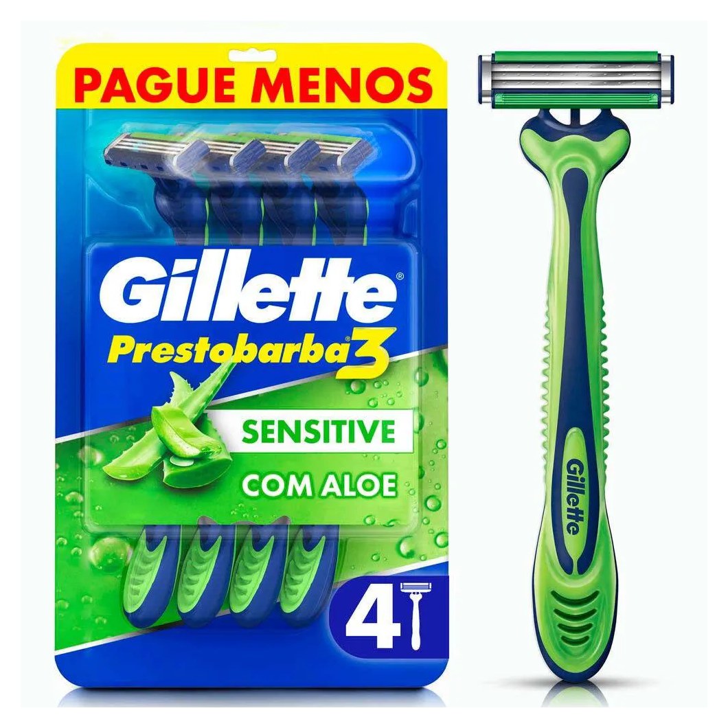 Aparelho de Barbear Gillette Prestobarba 3 Sensitive Aloe Vera 4 unidades