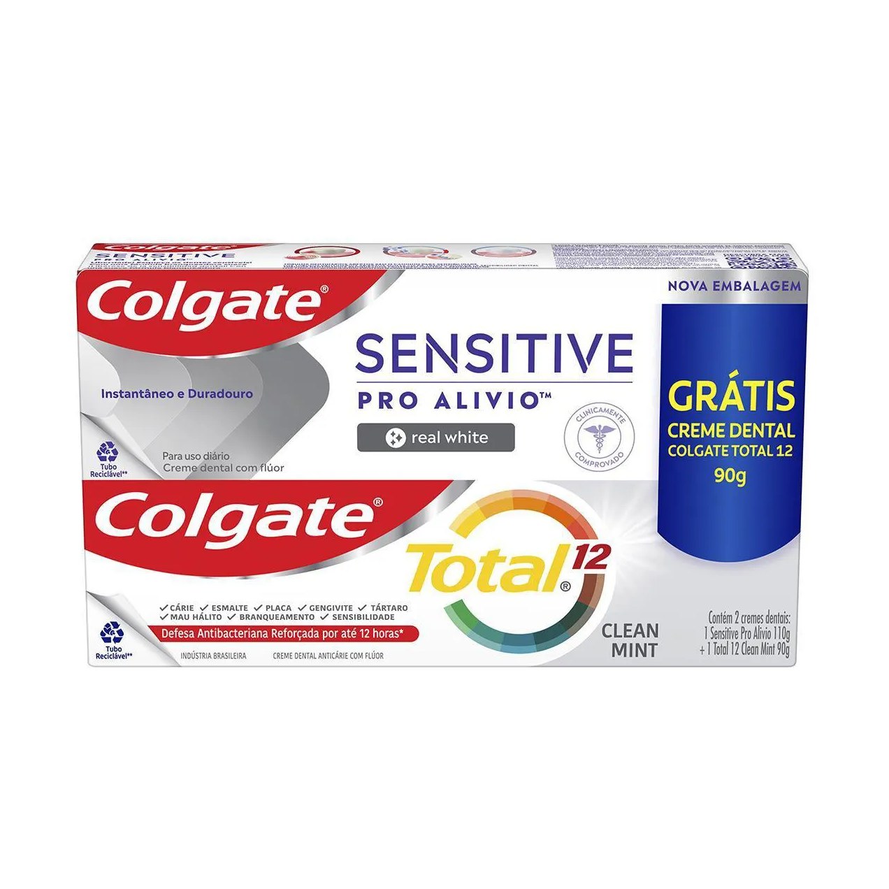 Creme Dental Colgate Sensitive Pro Alívio Real White 110g + Colgate Total 12 90g