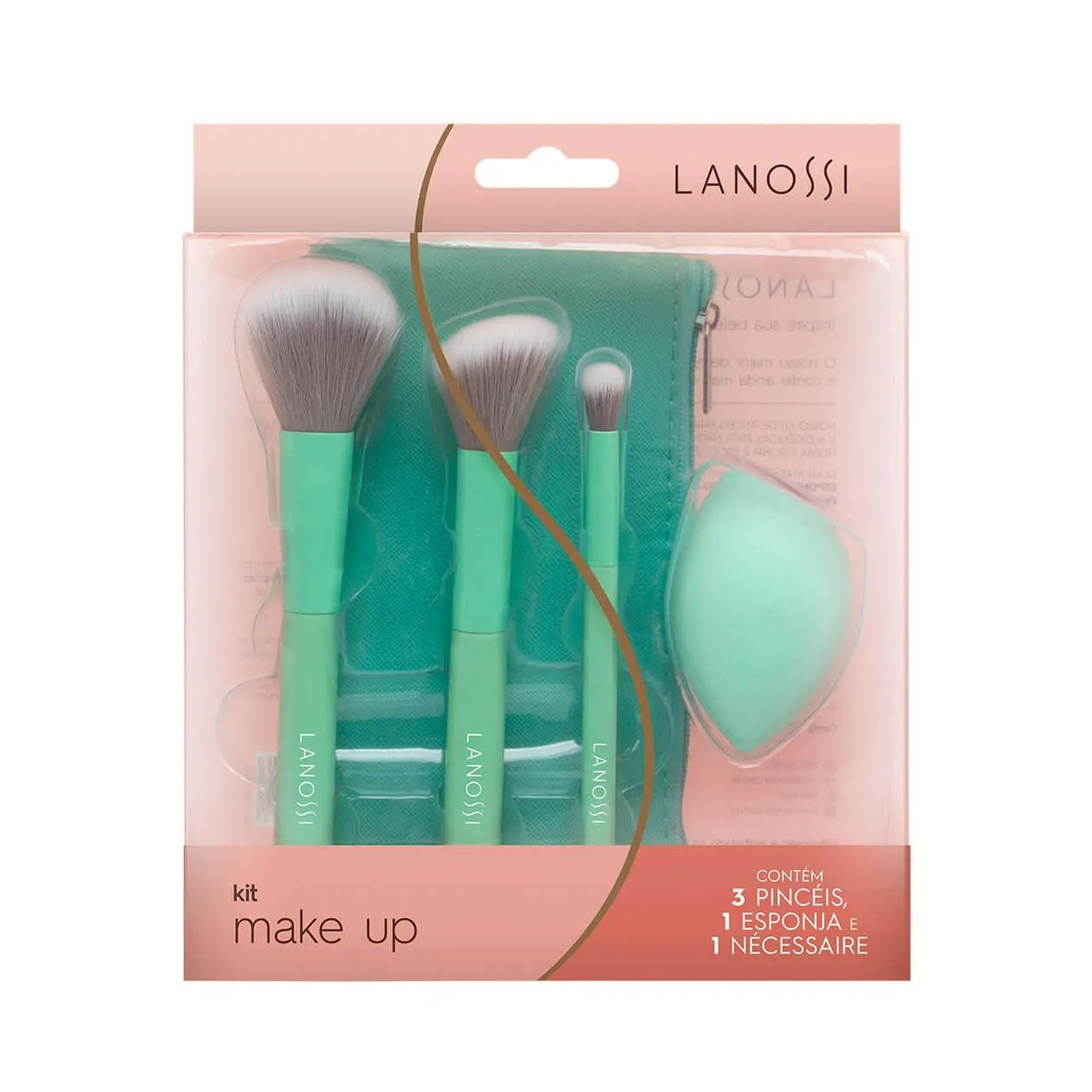 Kit com 3 Pinceis de Maquiagem Lanossi e 1 Esponja + 1 Necessaire Mint Green